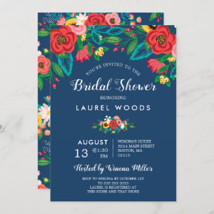 Colourful Folk Bouquets - Boho Blue Bridal Shower Invitation