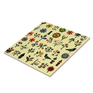 Colourful folk floral and birds ceramic tile