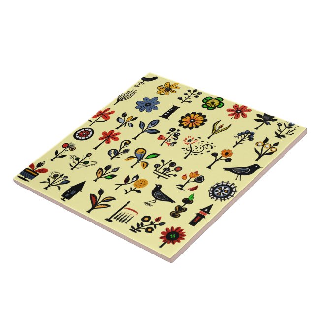 Colourful folk floral and birds ceramic tile (Side)