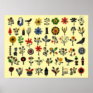 Colourful folk floral and birds poster