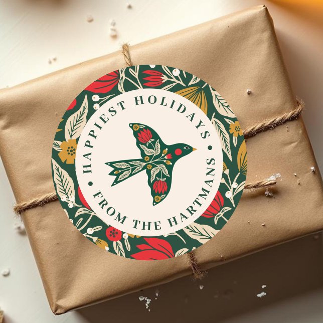 Colourful Folk Floral Bird Christmas Holiday Name Classic Round Sticker (Creator Uploaded)