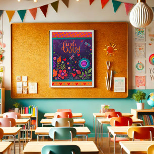 Colourful Folk Floral Joy Quote Dragonflies Fun Poster