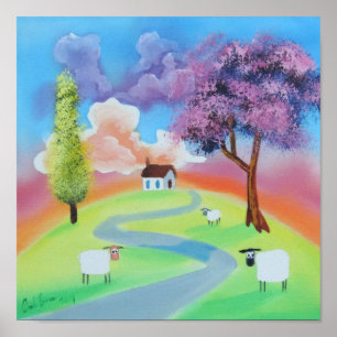 Colourful folk landscape picture of sheep poster