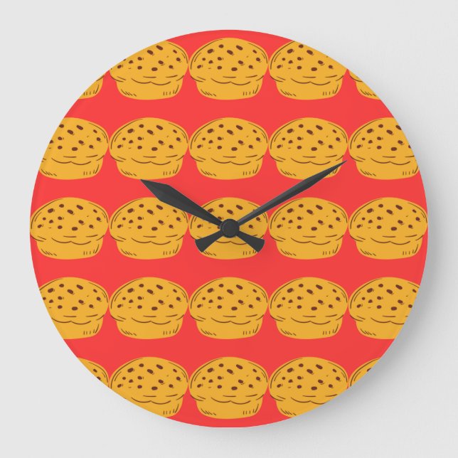 Colourful Food Pattern on Red Background Large Clock (Front)