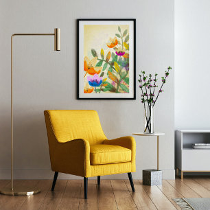 Colourful forest floral original digital painting poster