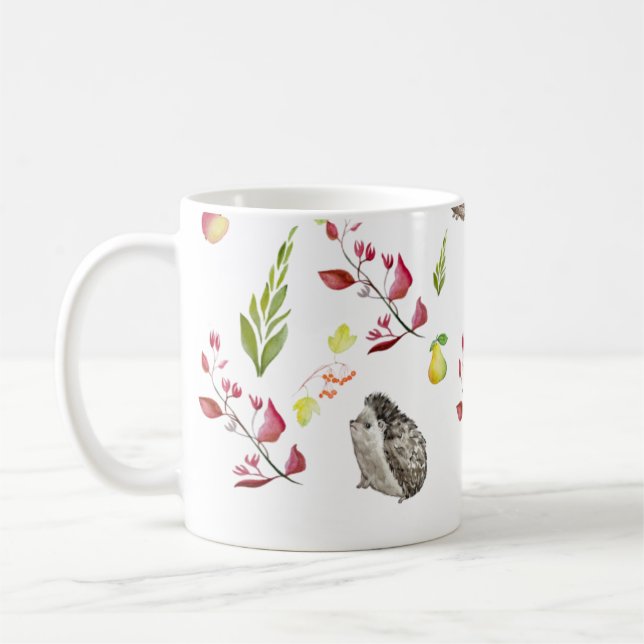 Colourful forest house pattern with bunnies, hedge coffee mug (Left)