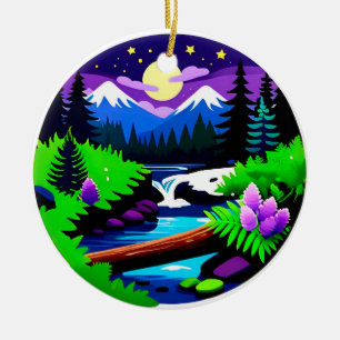Colourful Forest Landscape With Moonlit Stream Ceramic Ornament