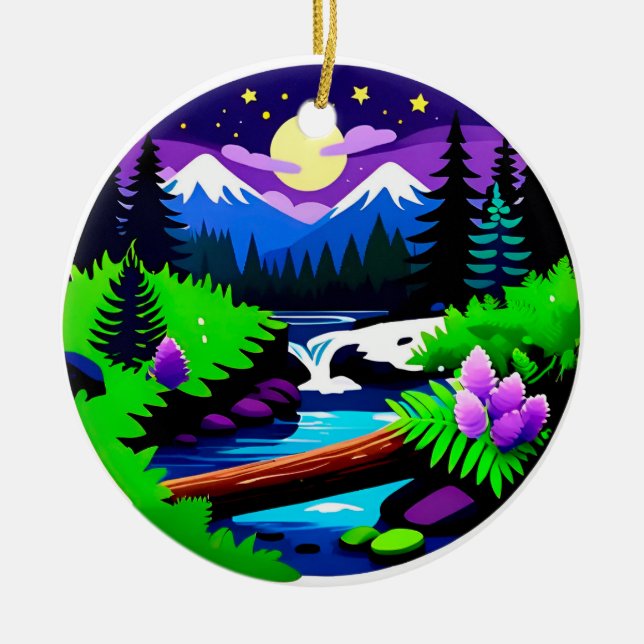 Colourful Forest Landscape With Moonlit Stream Ceramic Ornament (Front)