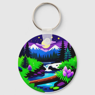 Colourful Forest Landscape With Moonlit Stream Key Ring