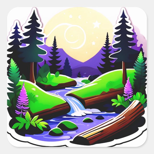 Colourful Forest Landscape With Moonlit Stream Square Sticker (Front)