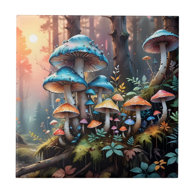 Colourful Forest Mushroom Art Ceramic Tile (Front)