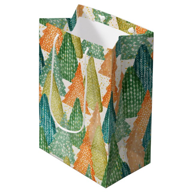Colourful Forest of Evergreen Christmas Trees Medium Gift Bag (Front Angled)