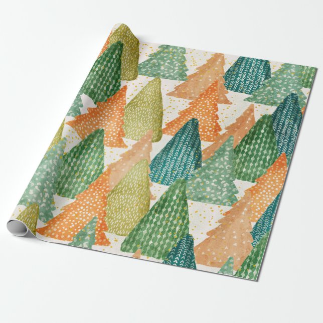Colourful Forest of Evergreen Christmas Trees Wrapping Paper (Unrolled)
