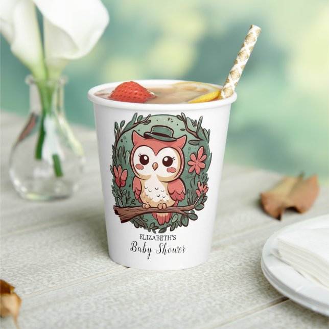 Colourful Forest Owl Baby Shower Paper Cups (Insitu)
