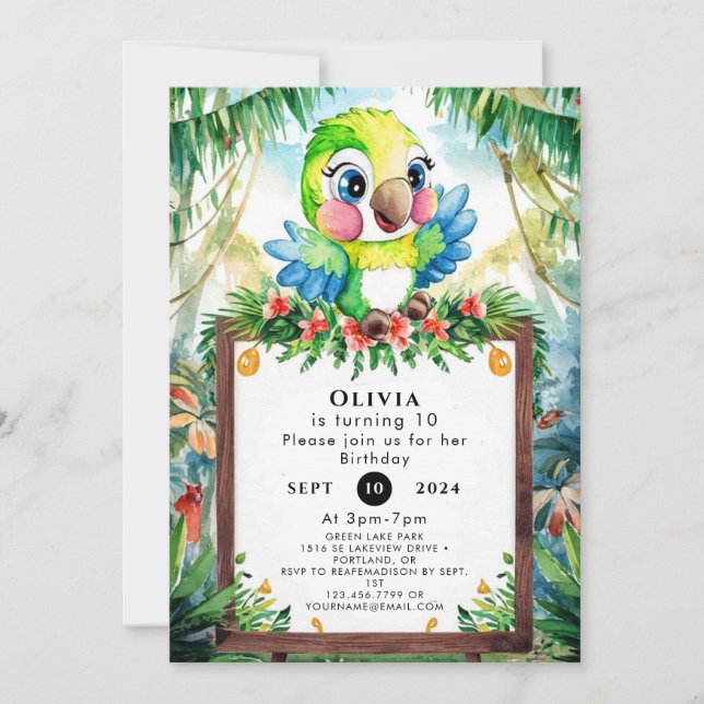 Colourful Forest Parrot Birthday Invitation (Front)