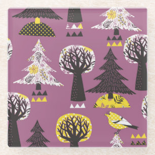 Colourful forest with birds, seamless tile. glass coaster