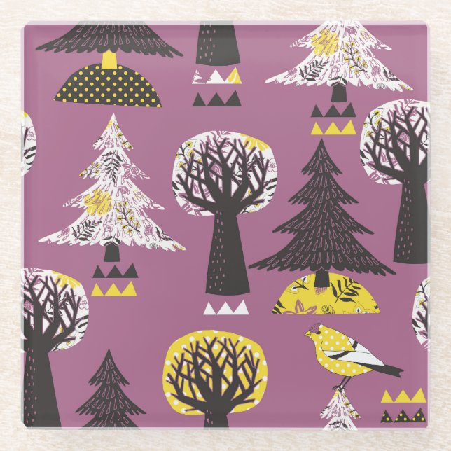 Colourful forest with birds, seamless tile. glass coaster (Front)