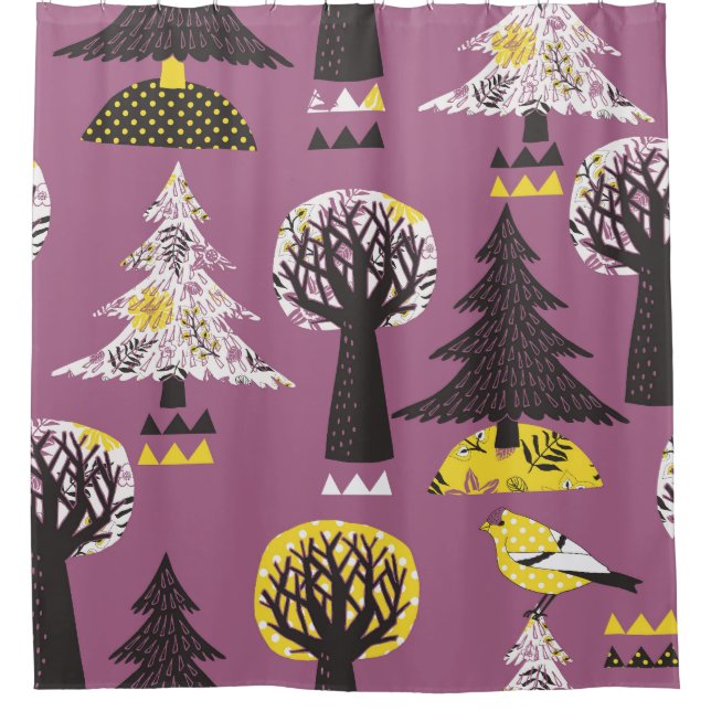 Colourful forest with birds, seamless tile. shower curtain (Front)