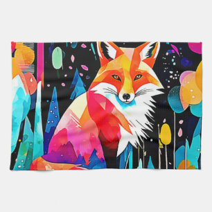 Colourful Fox Abstract Art Tea Towel