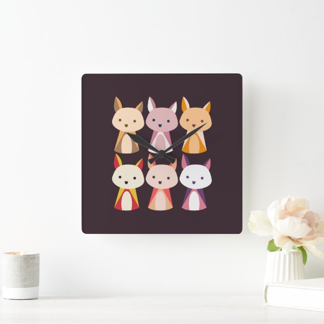 Colourful Fox Cartoon Square Wall Clock (Home)