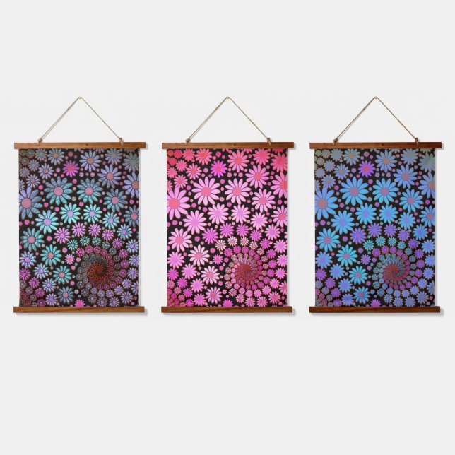 Colourful Fractal Flowers Boho Floral Design Hanging Tapestry (Triple)