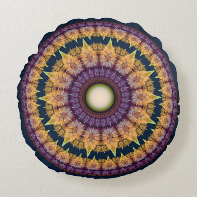 Colourful fractal orange blue mandala round cushion (Front)