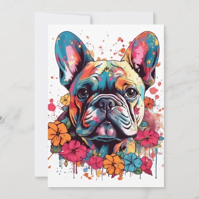 Colourful French-bulldog with flowers Holiday Card (Front)