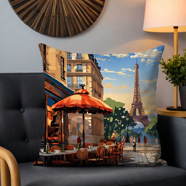 Colourful French Cafe Eiffel Tower Paris France Cushion (Creator Uploaded)