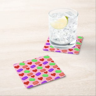 Colourful French Macarons Dessert Lover Red Hearts Square Paper Coaster