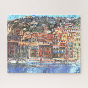Colourful French Riviera Coast Aquarelle Painting Jigsaw Puzzle