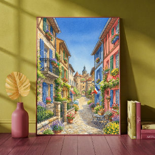 Colourful French Village Street Castle Watercolor Poster