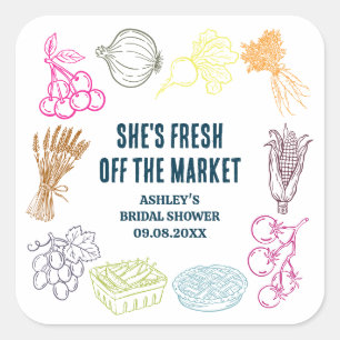 Colourful Fresh Off the Market Bridal Shower Square Sticker