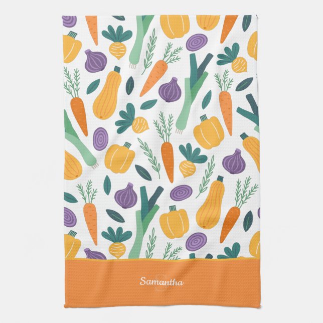 Colourful Fresh Vegetable Pattern with Name Orange Tea Towel (Vertical)