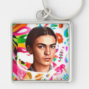 Colourful Frida Kahlo Cartoon Flower Pattern Key Ring