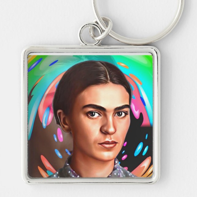 Colourful Frida Kahlo Toon Portrait Paint Splatter Key Ring (Front)
