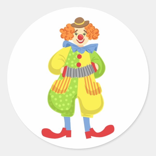 Colourful Friendly Clown Playing Accordion In Clas Classic Round Sticker (Front)