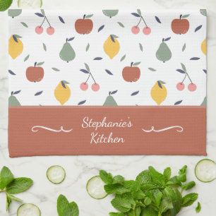 Colourful Fruit Pattern First Name Red Tea Towel