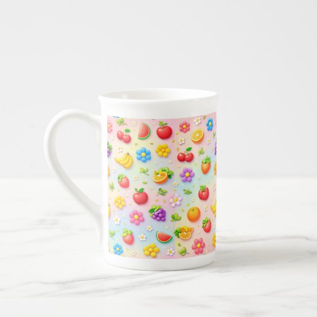 Colourful Fruit Pattern With Flowers and Fruits Bone China Mug (Left)