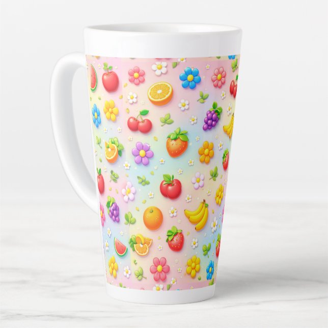 Colourful Fruit Pattern With Flowers and Fruits Latte Mug (Left Angle)