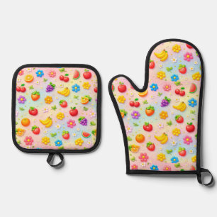 Colourful Fruit Pattern With Flowers and Fruits Oven Mitt & Pot Holder Set