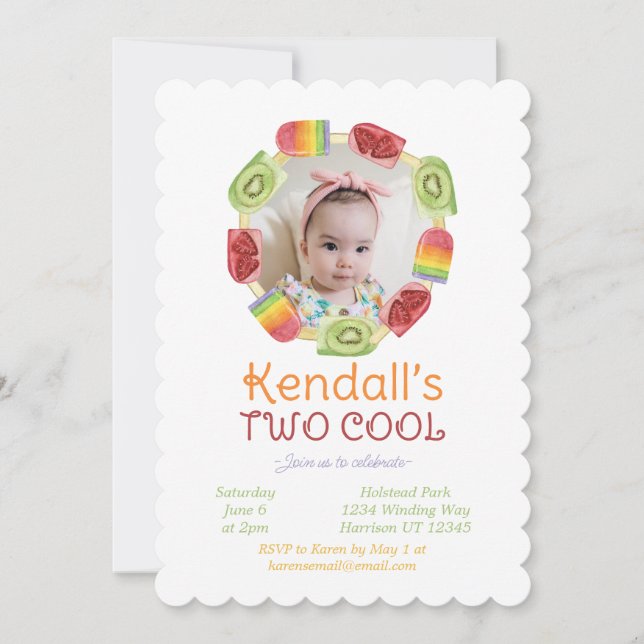Colourful Fruit Popsicle Summer Second Birthday Invitation (Front)