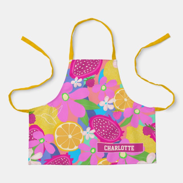 Colourful Fruits and Flowers Custom Name  Apron (Front)