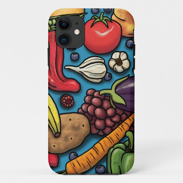 Colourful Fruits and Vegetables on Blue Case-Mate iPhone Case (Back)