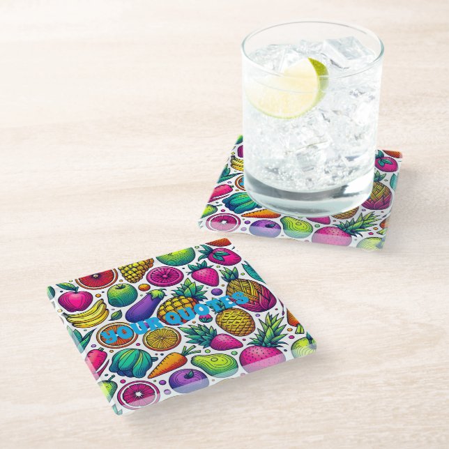 Colourful Fruits and Vegetables Pattern  Glass Coaster (Angled)