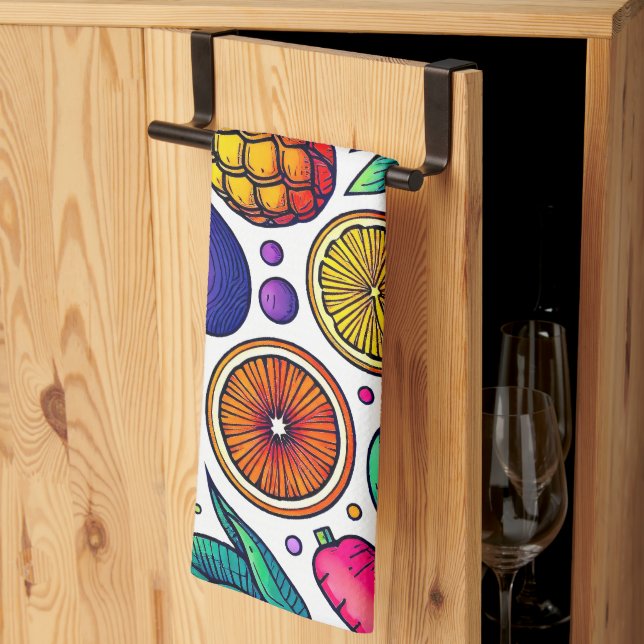 Colourful Fruits and Vegetables Pattern  Tea Towel (Thirds Fold)