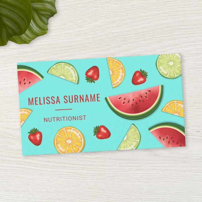 Colourful Fruits On Blue Dietician Nutritionist Business Card (Ideal for nutritionists, dietitians and anyone working within the health and wellbeing industry.)