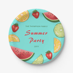 Colourful Fruits On Blue Family Summer Party Paper Plate