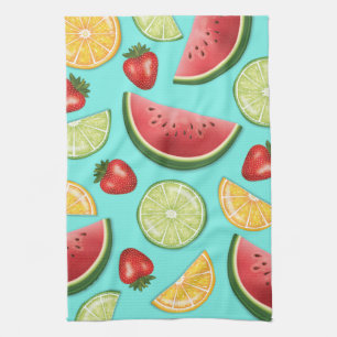 Colourful Fruits On Blue Sweet Summer Pattern Tea Towel
