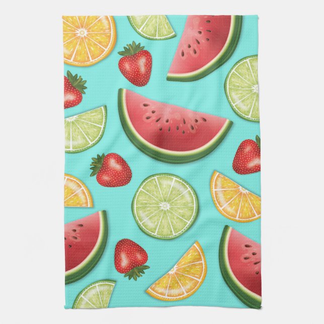Colourful Fruits On Blue Sweet Summer Pattern Tea Towel (Vertical)
