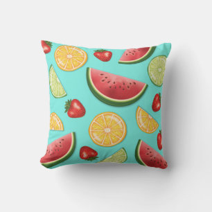 Colourful Fruits Strawberry Watermelon Citrus Blue Cushion